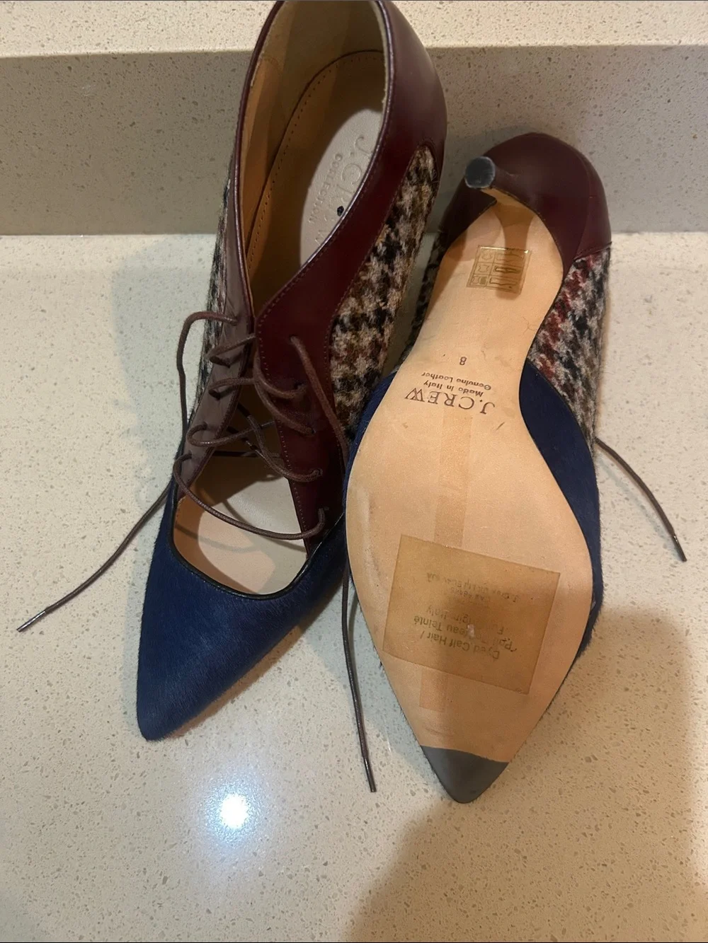 J. Crew Navy and Burgundy Pointed Lace-Up Heels with Houndstooth